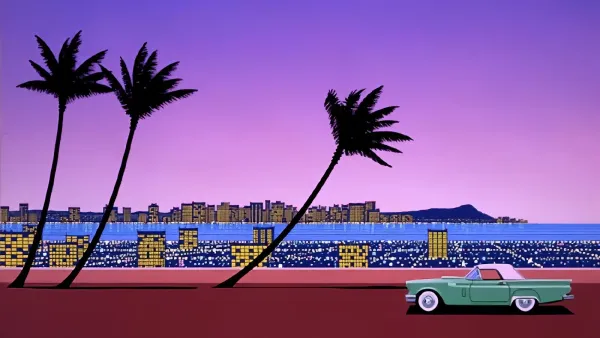 Pixelated coastal city with 1950s car and a distinct 80s vibe. 